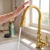 image:imageMoen Weymouth Brushed Gold Traditional Shepherds Hook Pulldown Kitchen Faucet Featuring Pull Down Spray Head with Power Boost S73004BGBrushed Gold