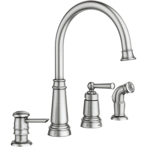 image:imageMoen 87042SRS Edison OneHandle High Arc Kitchen Faucet with Side Sprayer and Soap Dispenser 4Hole Spot Resist StainlessSpot Resist Stainless