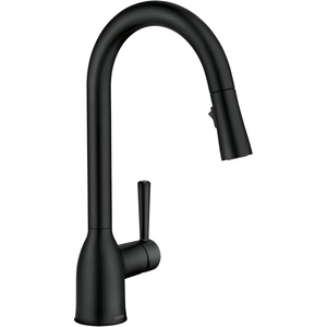 image:imageMoen Adler Matte Black OneHandle High Arc Kitchen Sink Faucet with Power Clean Modern Kitchen Faucet with Pull Down Sprayer 87233BLMatte Black