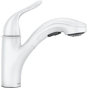 image:imageMoen Brecklyn Glacier White OneHandle SingleHole Kitchen Faucet with PullOut Sprayer and Power Clean Optional Deckplate Included 87557WGlacier
