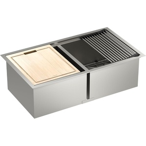 image:imageMoen Luxe Chef 18Gauge Stainless Steel Undermount Apron Front 33 x 22 Single Bowl Workstation Sink Includes Cutting Board Flexible Drying Rack Colander Bottom Sink Grid and Drain GS181050BUXUndermount
