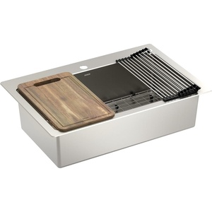 image:imageMoen Luxe Chef 18Gauge Stainless Steel Undermount Apron Front 33 x 22 Single Bowl Workstation Sink Includes Cutting Board Flexible Drying Rack Colander Bottom Sink Grid and Drain GS181050BUXDual Mount