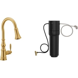 image:imageMoen Weymouth Brushed Gold Traditional Shepherds Hook Pulldown Kitchen Faucet Featuring Pull Down Spray Head with Power Boost S73004BGBrushed Gold