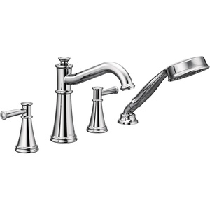 image:imageMoen T9024BN Belfield TwoHandle Deck Mounted Roman Tub Faucet and Hand Shower without Valve Brushed NickelChrome