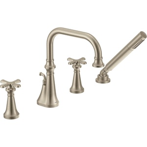 image:imageMoen TS44506BN Colinet Two Handle DeckMount Roman Tub Faucet Trim with Cross Handles and Handshower Valve Required Brushed NickelBrushed Nickel