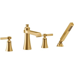 image:imageMoen TS928 Flara 2Handle Deck Mount Lever Handle Roman Tub Faucet Trim Kit Valve Required Including Single Function Handshower ChromeBrushed Gold