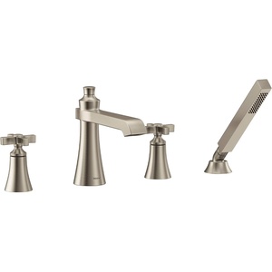 image:imageMoen TS928 Flara 2Handle Deck Mount Lever Handle Roman Tub Faucet Trim Kit Valve Required Including Single Function Handshower ChromeBrushed Nickel
