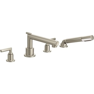 image:imageMoen TS93004 Arris 2Handle Deck Mount Modern Roman Tub Faucet Trim Kit Valve Required Including Single Function Handshower ChromeBrushed Nickel